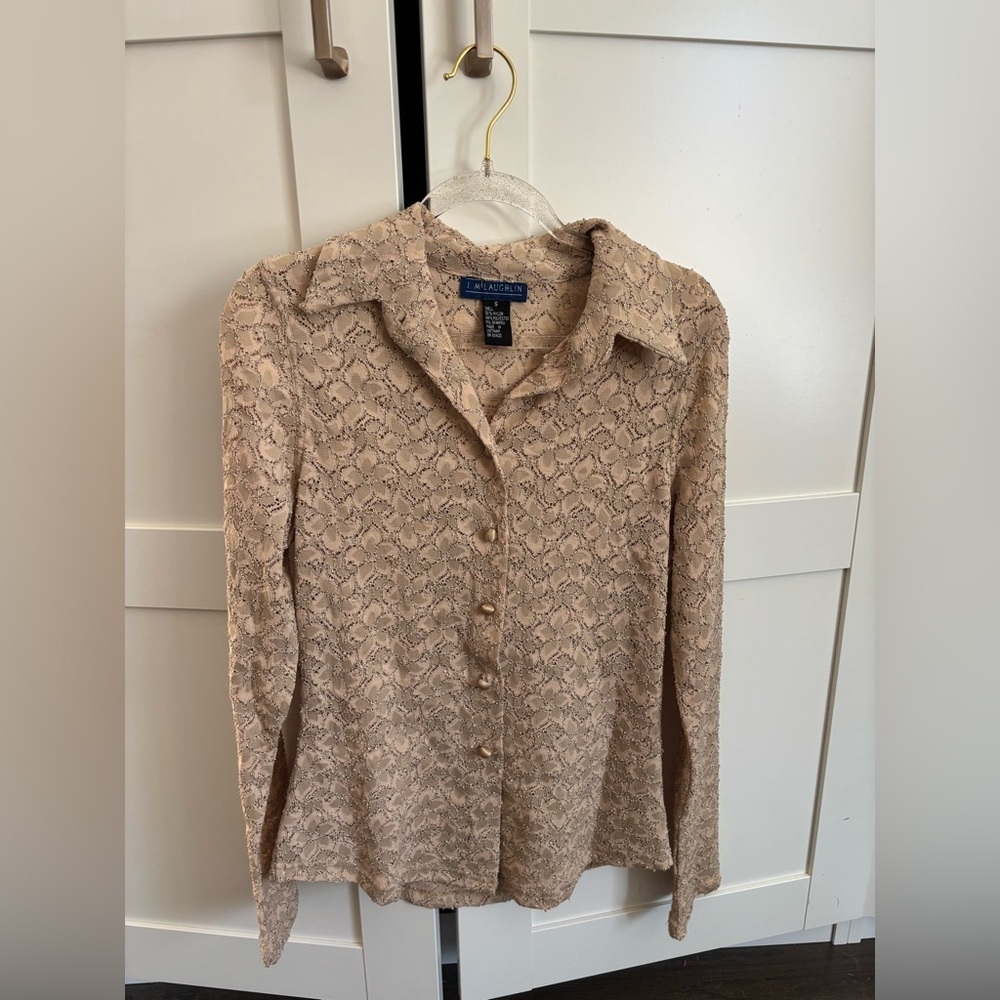 J. McLaughlin Vintage Beige Lace Floral Pattern Button-Down Shirt Size Small